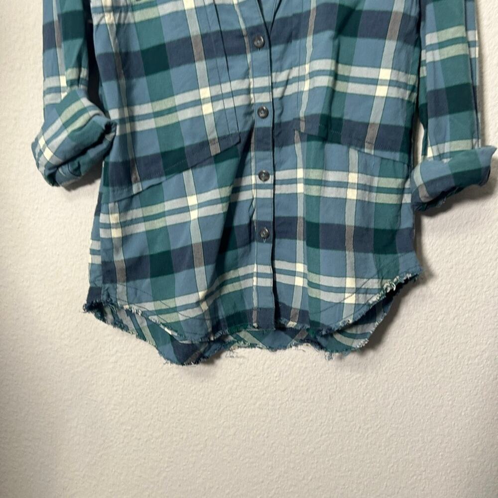 Free People Loveland Plaid Shirt Blue Raw Hem Oversize Size XS Button Up Boho - Picture 7 of 13